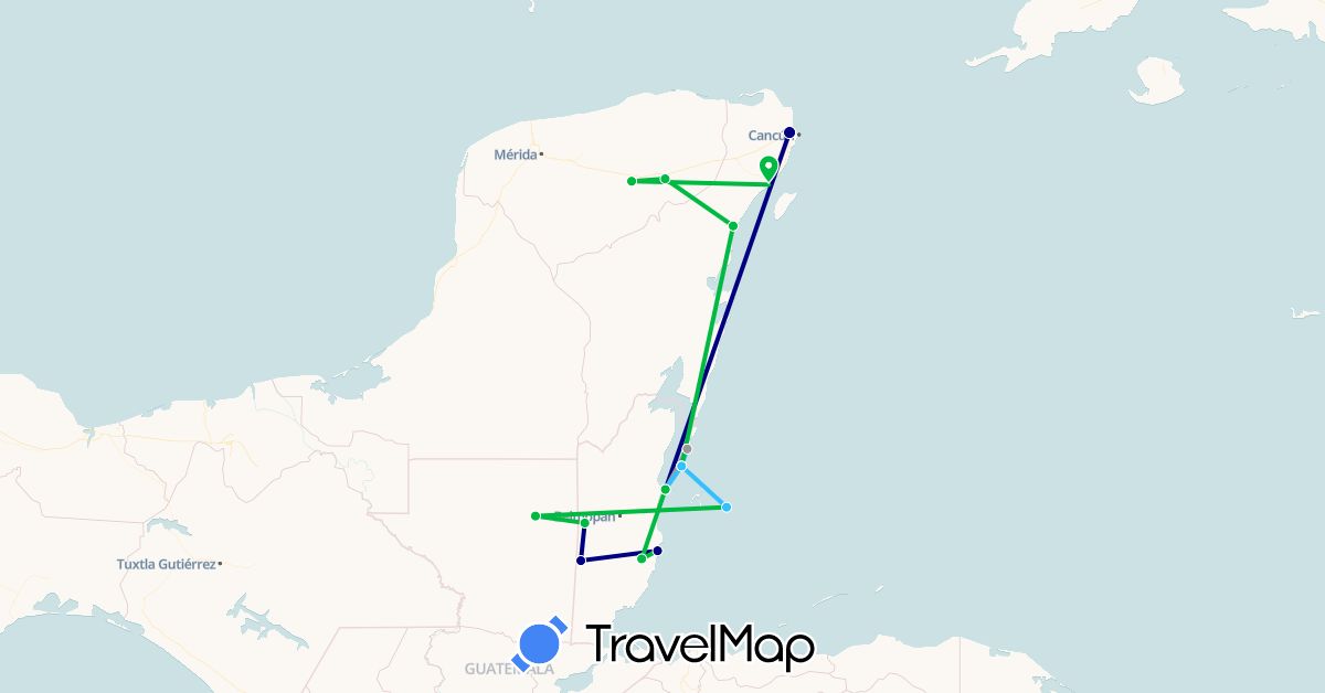 TravelMap itinerary: driving, bus, plane, boat in Belize, Guatemala, Mexico (North America)